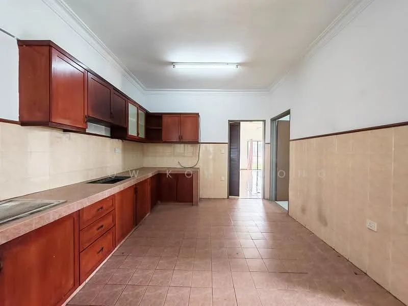 Kitchen features: brown wooden cabinetry, laminate countertop, single-bowl stainless-steel sink, built-in oven, ceramic tile flooring, white tiled backsplash, wall-mounted range hood, fluorescent ceiling light, door leading to exterior, window for natural light.