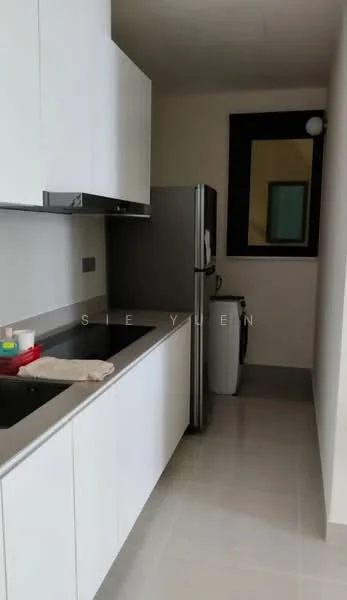 Kitchen features: white cabinetry, stainless-steel fridge, single-bowl stainless-steel sink, chrome pull-down faucet, black countertop, grey tile flooring, built-in oven, washing machine, window with view, light fixture, wall-mounted cabinets; style: modern.