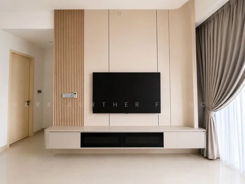 Living features: light beige feature wall, flat-panel TV mounted on wall, built-in media console with drawers, light-colored flooring, floor-to-ceiling windows, sheer curtains, dark accent cabinetry, recessed lighting; style: modern.