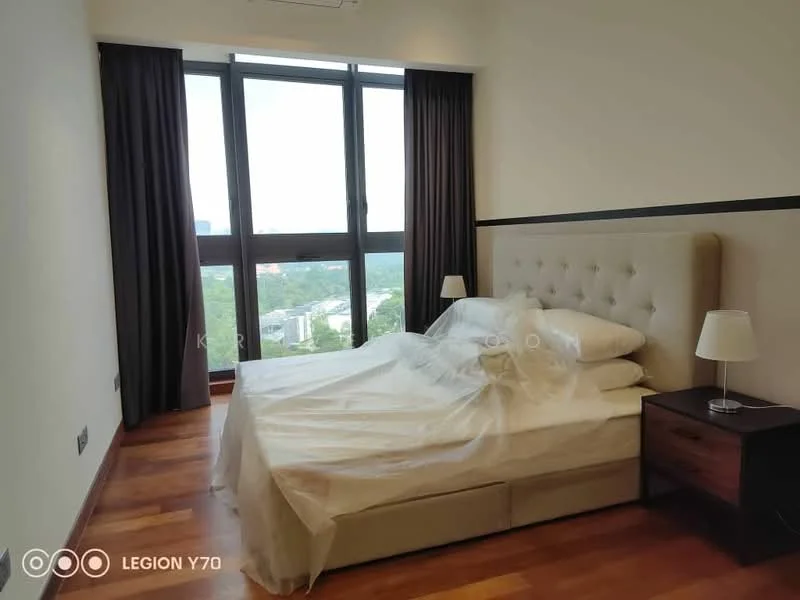 Bedroom features: king-size bed with upholstered headboard, white bedding, 2 bedside lamps, wooden flooring, floor-to-ceiling windows, blackout curtains, view of city skyline, nightstand with drawer; style: modern; view: city.