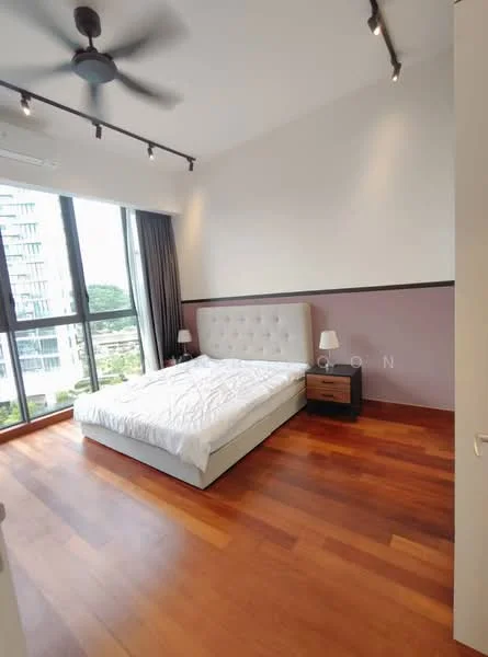 Bedroom features: king-size bed, upholstered headboard, 2 bedside lamps, wooden flooring, floor-to-ceiling windows, curtains, ceiling fan with light, wall-mounted air conditioning unit, decorative wall with two-tone paint; style: modern; view: garden.