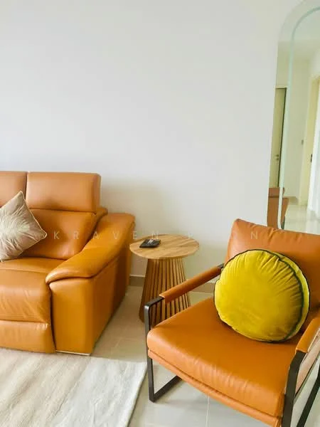 Living features: brown leather sofa, orange accent chair, round wooden side table, decorative cushion on sofa, neutral wall color, light-colored flooring, area rug, minimalist decor; style: modern.