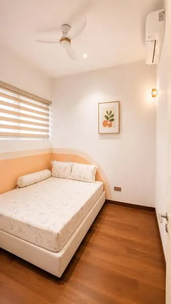 Bedroom features: queen-size bed, wooden flooring, white painted walls, striped window blinds, ceiling fan, wall-mounted air conditioning unit, decorative wall art, bedside wall sconce; style: modern.