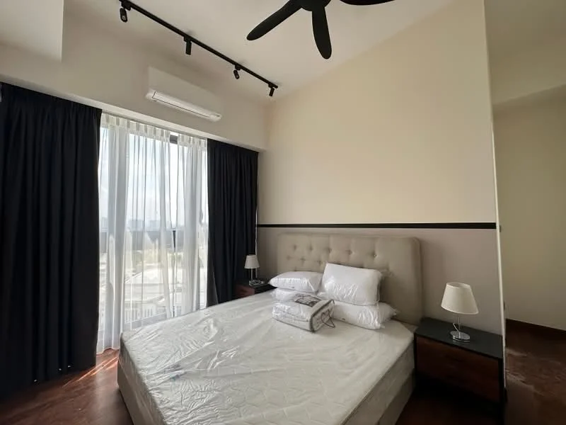 Bedroom features: king-size bed with upholstered headboard, 2 bedside lamps, floor-to-ceiling windows, sheer curtains, blackout curtains, 1 wall-mounted split AC, ceiling fan, wooden flooring, neutral painted walls, decorative wall trim; style: modern; view: city.