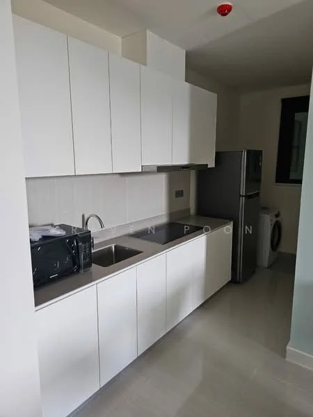 Kitchen features: white flat-panel cabinets, stainless-steel sink, chrome pull-down faucet, black countertop, built-in oven, freestanding fridge, front-load washing machine, ceramic tile flooring, recessed downlights; style: modern.