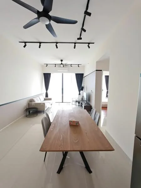 Dining features: wooden dining table, 6 upholstered dining chairs, 5-blade ceiling fan with light, track lighting, floor-to-ceiling windows, sliding glass door, grey accent wall, light-colored walls, porcelain tile flooring, sofa in living area visible, curtains, open layout; style: modern; view: city.