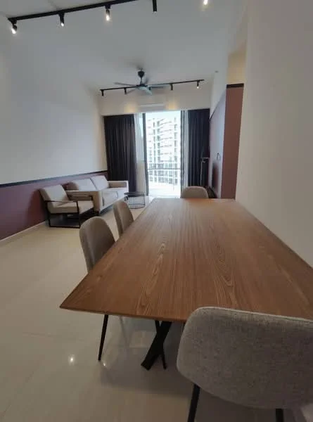 Dining features: wooden dining table, 4 upholstered dining chairs, pendant lighting, white painted walls, cream tiled flooring, 5-blade ceiling fan, floor-to-ceiling windows, curtains, open layout to living area; style: modern; view: city. Living features: 2-seater fabric sofa, accent wall in dark color, light-colored flooring, recessed lighting, open layout to dining area; style: modern; view: city.