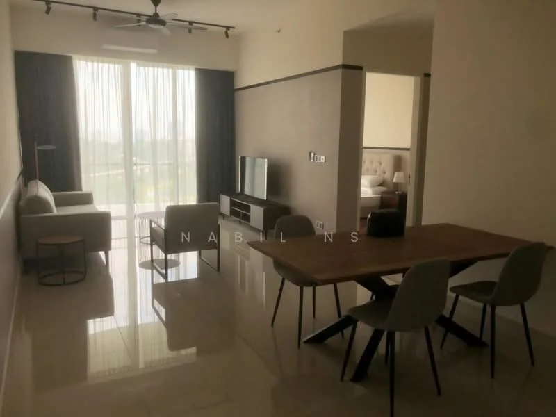 Living features: 3-seater fabric sofa in light grey, 2-seater fabric sofa in light grey, coffee table, TV console, wall-mounted TV, area rug, floor-to-ceiling windows, sheer curtains, 5-blade ceiling fan with light, marble tile flooring, neutral painted walls, dining table with 4 upholstered chairs; style: modern; view: city.