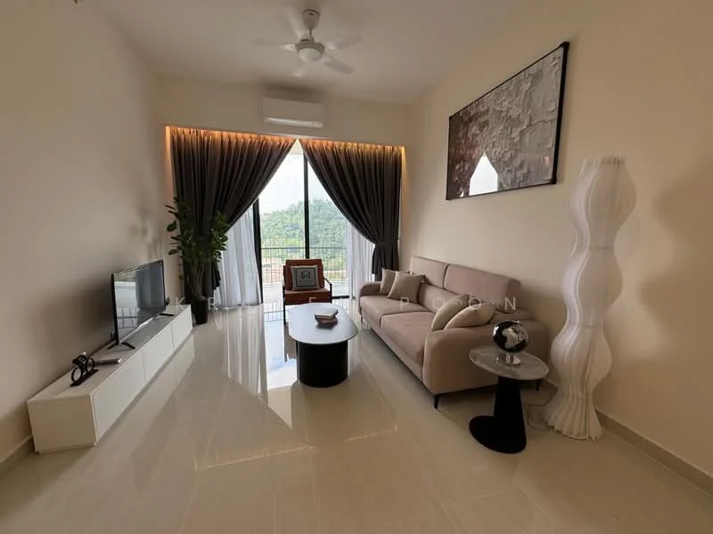 Living features: 3-seater fabric sofa in beige, black coffee table, white TV console, wall-mounted TV, floor-to-ceiling windows, sheer curtains, black side table, decorative floor lamp, ceiling fan, light-colored walls, glossy tile flooring, indoor plant in pot; style: modern; view: garden.
