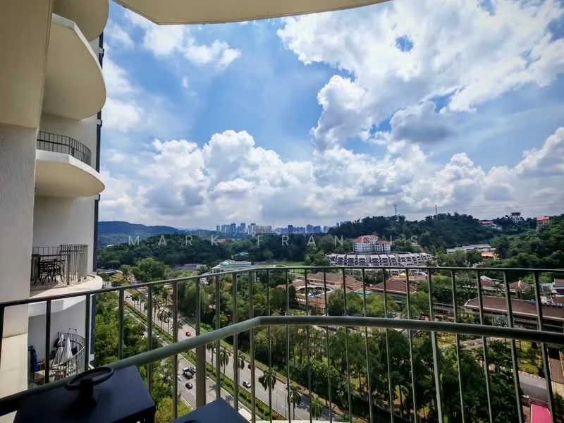 Balcony features: metal railing, floor tiles, outdoor furniture, city skyline view, greenery view, cloudy sky; style: modern; view: city.