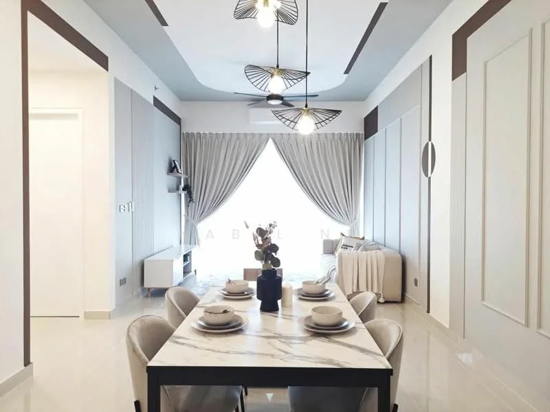 Dining features: marble dining table, 4 upholstered dining chairs, pendant light fixture, 5-blade ceiling fan with light, white painted walls, grey accent wall, floor-to-ceiling windows with sheer curtains, polished tile flooring, decorative vase on table, wall-mounted TV, sofa in background; style: modern; view: city.