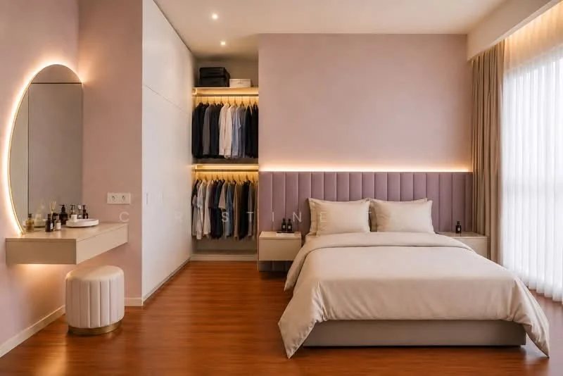 Bedroom features: queen-size bed with upholstered headboard, light grey bedding, wooden flooring, built-in wardrobe with open shelving, dressing table with round mirror, vanity stool, soft ambient lighting, floor-to-ceiling windows with sheer curtains, decorative bottles on the vanity, neutral wall colour with accent lighting; style: modern.