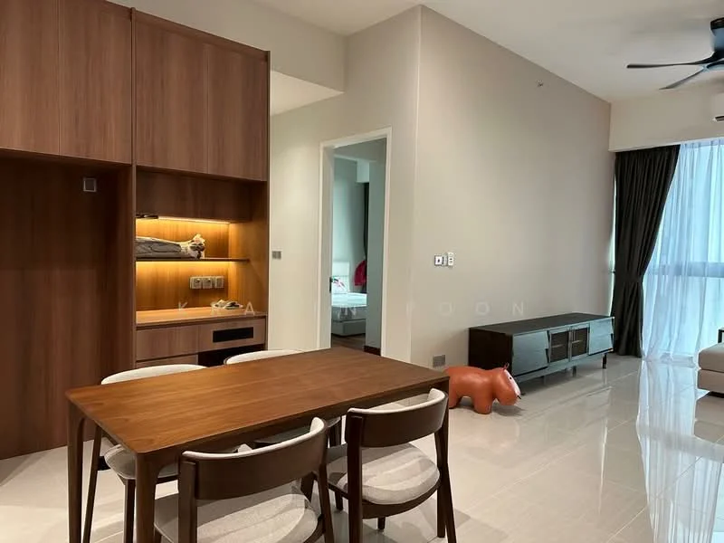 Dining features: wooden dining table, 4 upholstered dining chairs, wooden cabinetry with lighting, glass display shelves, white walls, glossy tile flooring, ceiling fan, large window with curtains, decorative orange sculpture, sideboard cabinet; style: modern. Room features: white walls, glossy tile flooring, doorway leading to another room.