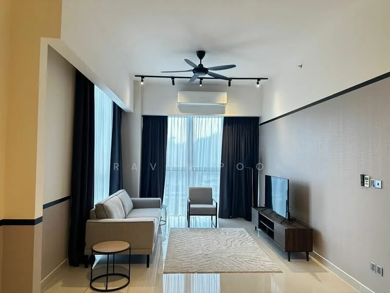 Living features: 3-seater fabric sofa in light grey, 2-seater dining chairs in grey, wall-mounted TV, TV console in dark wood, area rug with geometric pattern, floor-to-ceiling windows with sheer curtains, blackout curtains, 5-blade ceiling fan with integrated LED light, recessed downlights, cream painted walls, glossy tile flooring, air conditioning unit on wall; style: modern; view: city.