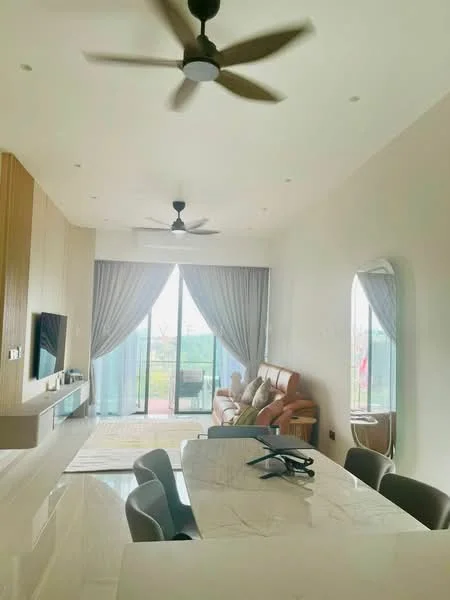 Living features: 5-blade ceiling fan with light, floor-to-ceiling windows, curtains, sofa with cushions, coffee table, TV console, dining table with chairs, light-colored walls, light-colored flooring, decorative mirror; style: modern; view: garden.