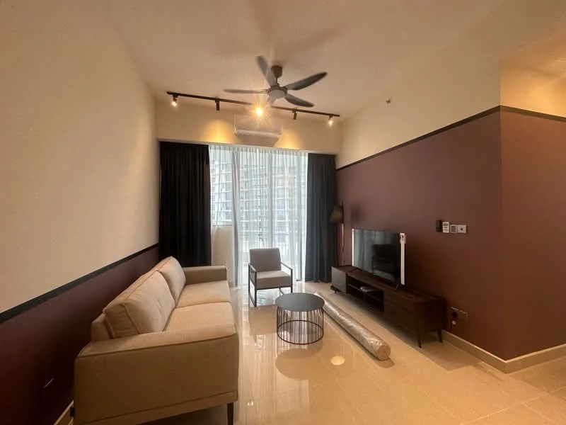 Living features: 3-seater fabric sofa in beige, coffee table with black metal frame, floor-to-ceiling windows, sheer curtains, blackout curtains, wall-mounted TV, TV console in dark wood, ceiling fan with light, recessed downlights, cream painted walls, brown accent wall, polished tile flooring; style: modern; view: city.