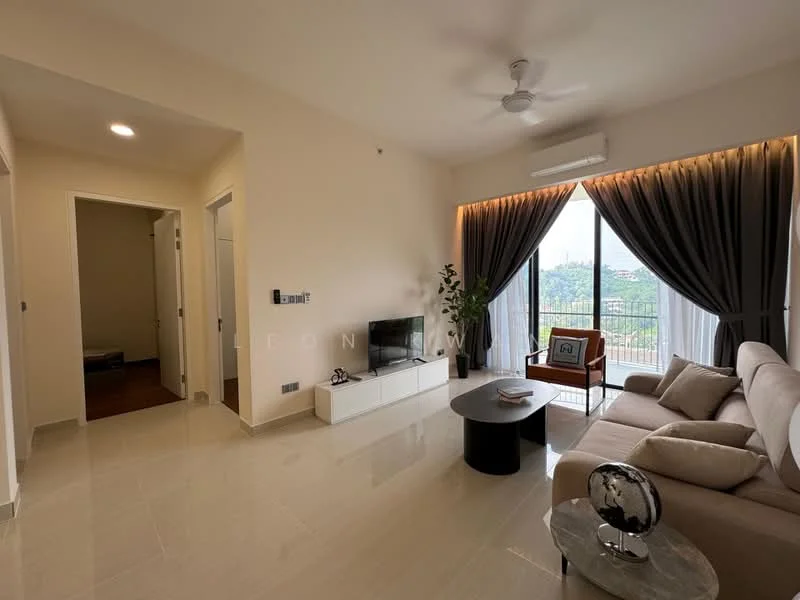 Living features: 3-seater fabric sofa in beige, coffee table, floor-to-ceiling windows, sheer curtains, blackout curtains, ceiling fan, recessed downlights, marble tile flooring, decorative plant in ceramic pot, TV console, wall-mounted TV, area rug; style: modern; view: city. Room features: white painted walls, doorway leading to another room, wooden door.