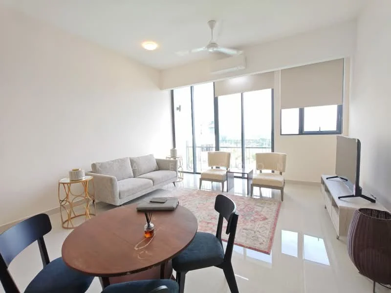 Living features: 3-seater fabric sofa in light grey, 2 armchairs in beige, round wooden dining table, 4 dining chairs in blue fabric, area rug with geometric pattern, wall-mounted TV, TV console in white, ceiling fan with light, large windows with sheer blinds, light-colored painted walls, glossy tile flooring, decorative wall art; style: modern; view: city.