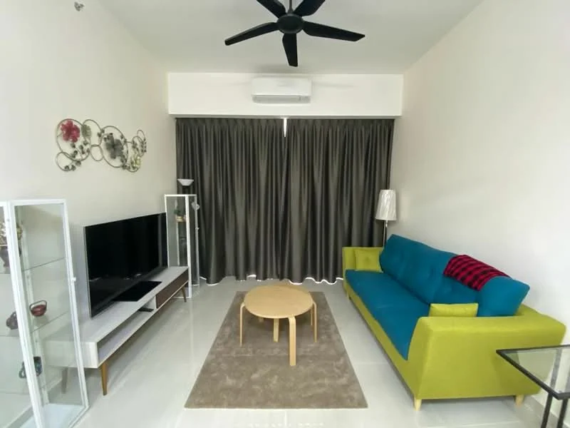 Living features: 3-seater fabric sofa in teal and green, coffee table with wooden legs, area rug with neutral color, wall-mounted TV, TV console with storage, floor lamp, 5-blade ceiling fan, curtains in dark grey, white painted walls, tile flooring; style: modern.