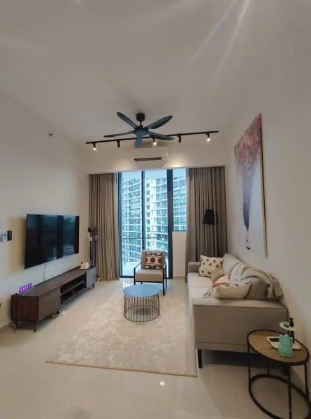 Living features: 3-seater fabric sofa in light grey, accent chair with patterned upholstery, coffee table with metal frame, TV console with wooden finish, wall-mounted flat-screen TV, area rug with neutral color, 5-blade ceiling fan with integrated LED light, floor-to-ceiling windows with sheer curtains, recessed downlights, decorative wall art, air conditioning unit mounted on wall; style: modern; view: city.