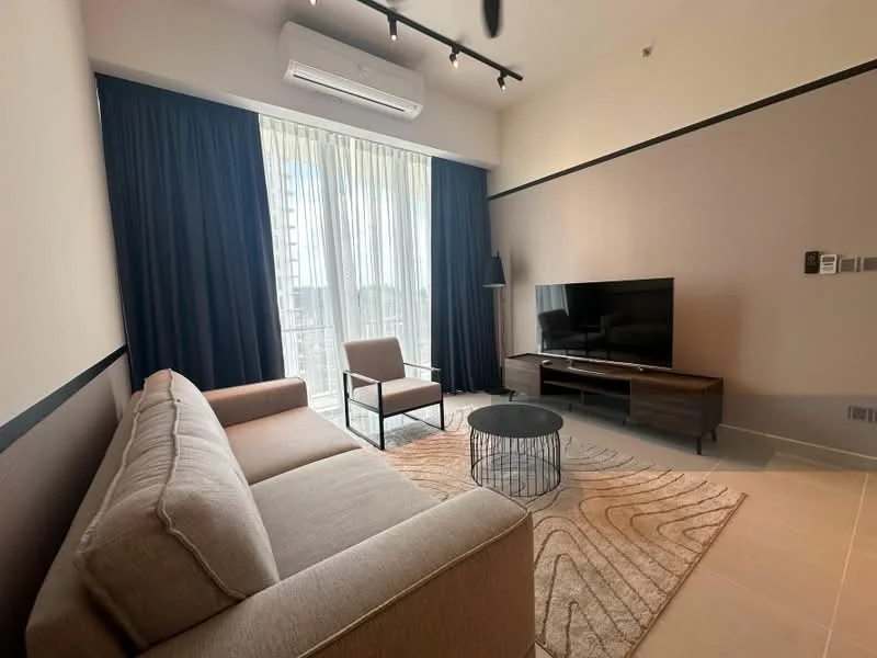 Living features: 3-seater fabric sofa in beige, coffee table with black metal frame, TV console with storage, wall-mounted TV, floor-to-ceiling windows, sheer curtains, blackout curtains, air conditioning unit, area rug with geometric pattern, light fixture with track lighting; style: modern; view: city.