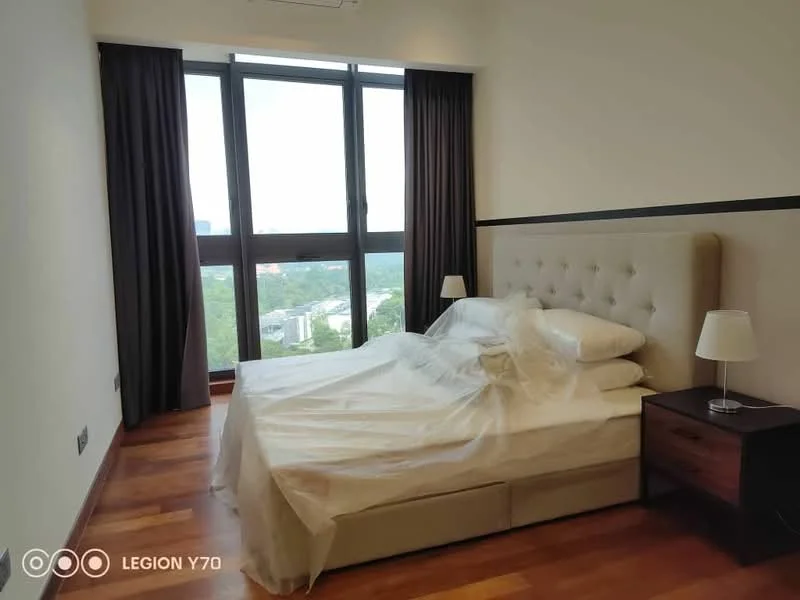 Bedroom features: king-size bed with upholstered headboard, white bedding with protective cover, two bedside lamps, wooden flooring, floor-to-ceiling windows, curtains, view of greenery, wall-mounted air conditioning unit; style: modern; view: garden.