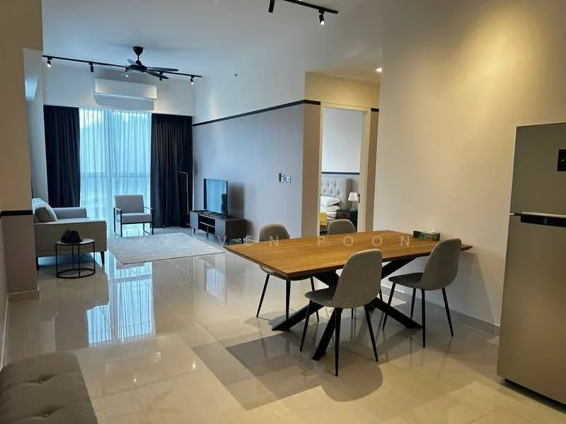Living features: 3-seater fabric sofa in light grey, coffee table, TV console, wall-mounted TV, area rug with geometric pattern, 5-blade ceiling fan with light, floor-to-ceiling windows with sheer curtains, marble tile flooring, recessed downlights; style: modern; view: city. Dining features: 6-seater dining table in wood, upholstered dining chairs, pendant lamp, marble tile flooring; style: modern. Room features: open layout, neutral wall color, air conditioning unit.