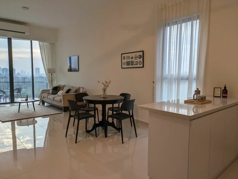 Living features: floor-to-ceiling windows, light-colored curtains, sofa in light beige, area rug, round dining table, 4 black dining chairs, decorative wall art, white cabinetry, polished tile flooring, recessed downlights, coffee table, city skyline view; style: modern; view: city.