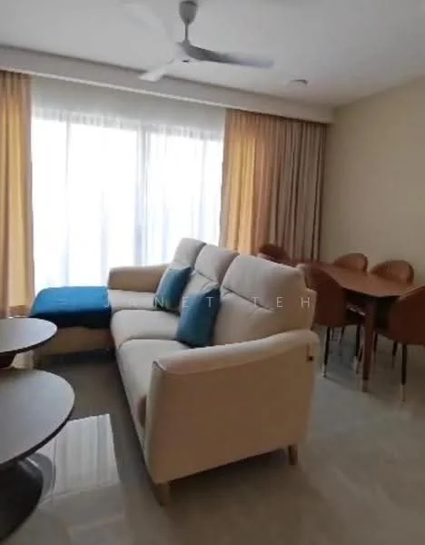 Living features: 3-seater fabric sofa in beige, coffee table, dining table with 4 chairs, floor-to-ceiling windows, curtains in light brown, ceiling fan, marble flooring, neutral wall color; style: modern.