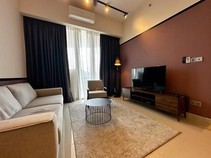 Living features: 3-seater fabric sofa in light grey, armchair in beige, black metal coffee table, area rug in beige, wall-mounted TV, wooden TV console, floor lamp, floor-to-ceiling windows with sheer curtains, air conditioning unit, recessed downlights, dark accent wall, light-coloured tiled flooring; style: modern; view: city.