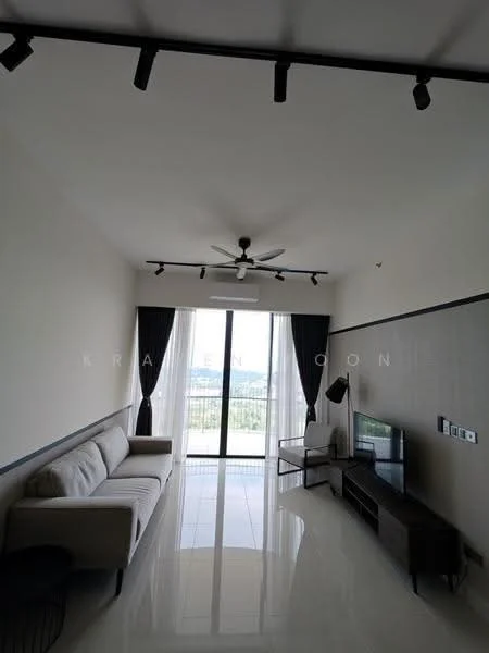Living features: 3-seater fabric sofa in light grey, floor-to-ceiling windows, blackout curtains, recessed LED downlights, 5-blade ceiling fan with light, wall-mounted TV, TV console, polished tile flooring, decorative wall paneling, open layout, view of the city skyline; style: modern; view: city.