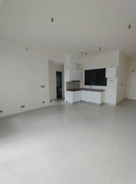Living features: white painted walls, light grey tile flooring, open-plan layout, kitchen area with white cabinetry, stainless-steel sink, built-in oven, cooktop, large window, recessed downlights, no visible appliances, minimalist design, neutral color palette; style: modern.