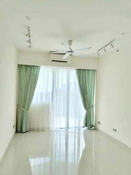Room features: white painted walls, polished marble flooring, 5-blade ceiling fan with light, floor-to-ceiling sliding glass door, sheer curtains, green drapes, recessed downlights, track lighting; style: modern; view: city.