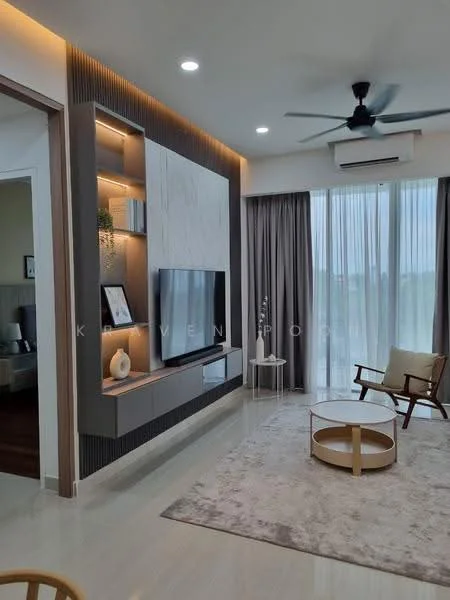 Living features: wall-mounted TV, light wood TV console, white marble feature wall, recessed lighting, 5-blade ceiling fan, large floor-to-ceiling windows, sheer curtains, area rug with geometric pattern, wooden accent chair, round coffee table, neutral wall color, polished tile flooring; style: modern; view: garden.