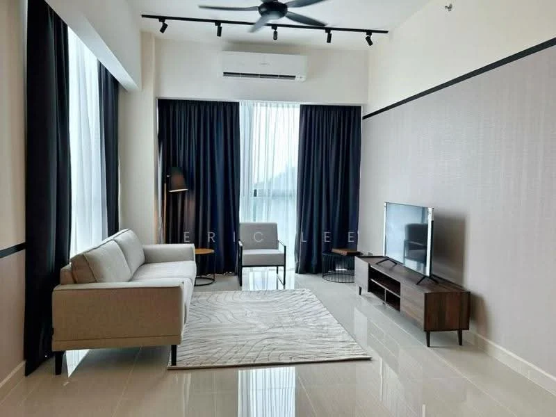 Living features: 3-seater fabric sofa in light grey, single armchair in grey, coffee table, TV console, wall-mounted TV, area rug with geometric pattern, floor-to-ceiling windows, blackout curtains, recessed downlights, ceiling fan, light-coloured wall with textured finish, cream tiled flooring; style: modern; view: city.