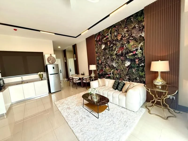Living features: white fabric 3-seater sofa, gold accent coffee table, area rug with geometric pattern, floral accent wall, recessed downlights, ceiling fan, floor-to-ceiling windows, dining table with chairs, stainless-steel fridge, kitchen cabinetry, countertop, decorative wall paneling; style: modern.