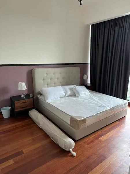 Bedroom features: king-size bed, upholstered headboard, wooden bedside tables, table lamps, dark curtains, wooden flooring, decorative throw pillow, wall with two-tone paint; style: modern.