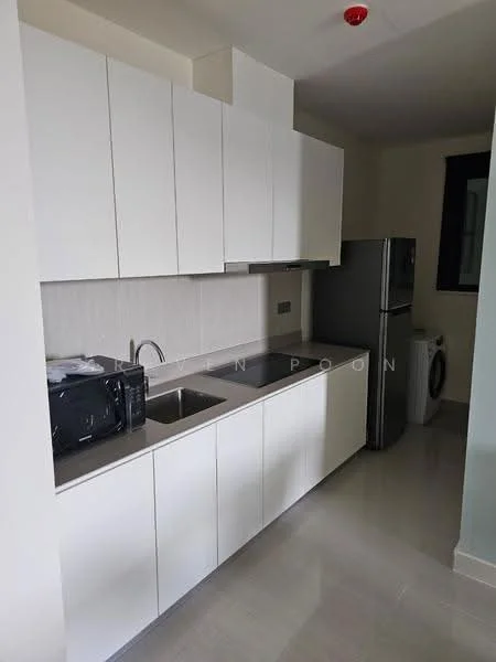 Kitchen features: white flat-panel cabinets, stainless-steel sink, chrome pull-down faucet, grey backsplash, stainless-steel fridge, built-in washing machine, countertop with smooth surface, under-cabinet lighting, ceramic tile flooring; style: modern.