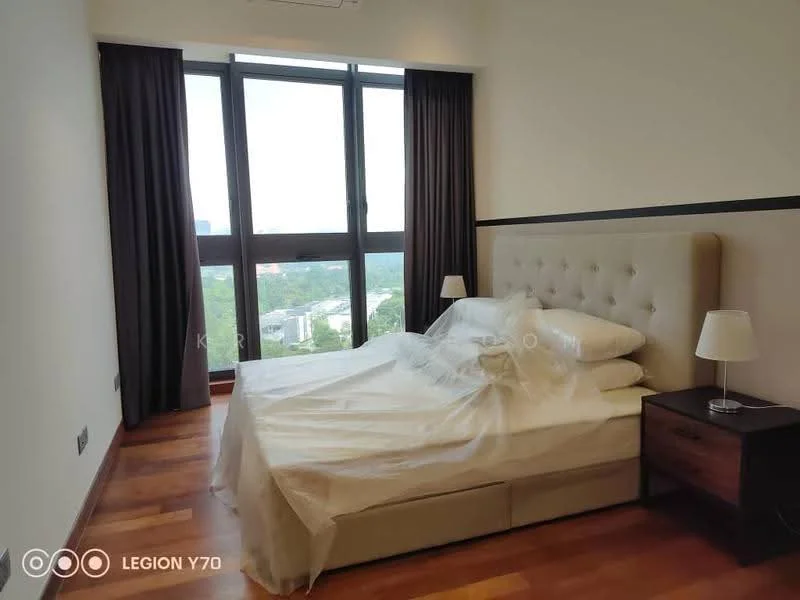 Bedroom features: king-size bed with upholstered headboard, white bedding, two bedside lamps, wooden flooring, floor-to-ceiling windows, curtains, view of greenery, wall-mounted air conditioning unit; style: modern; view: garden.