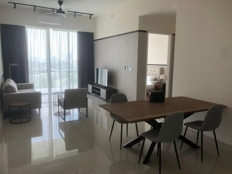 Living features: 3-seater fabric sofa in light grey, 2 armchairs in light grey, coffee table, wall-mounted TV, TV console, floor-to-ceiling windows, sheer curtains, recessed downlights, polished tile flooring, decorative wall paneling, ceiling fan; style: modern; view: city. Dining features: 6-seater dining table in wood, upholstered dining chairs in grey, decorative centerpiece; style: modern.