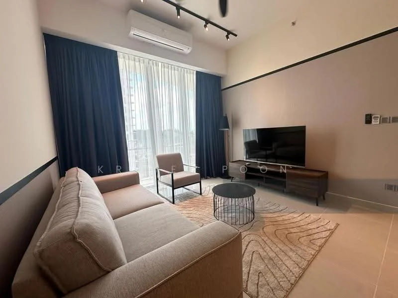 Living features: 3-seater fabric sofa in beige, coffee table with black metal frame, wall-mounted TV, TV console in dark wood, floor-to-ceiling windows with sheer curtains, recessed downlights, air conditioning unit, area rug with geometric pattern, decorative wall paneling, light-colored walls; style: modern; view: city.