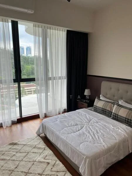 Bedroom features: queen-size bed with upholstered headboard, plaid bedding, floor-to-ceiling windows, sheer curtains, blackout curtains, wooden flooring, nightstand with lamp, area rug with geometric pattern, decorative wall paneling, view of city skyline; style: modern; view: city.
