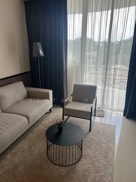 Living features: light grey fabric sofa, black metal coffee table, beige area rug, floor-to-ceiling windows, sheer curtains, dark curtains, modern floor lamp, neutral wall colour, tile flooring; style: modern; view: garden.