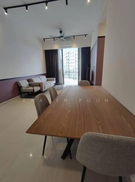 Dining features: wooden dining table, 4 upholstered dining chairs, white walls, grey accent wall, recessed downlights, floor-to-ceiling windows, curtains, ceramic tile flooring, ceiling fan; style: modern; view: city. Living features: 3-seater fabric sofa in light grey, coffee table, TV console, area rug; style: modern; view: city.