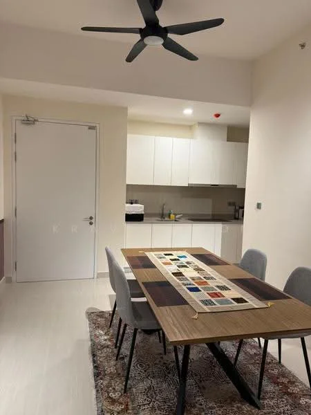 Dining features: dining table with patterned runner, 4 upholstered dining chairs, area rug with geometric pattern, wall-mounted cabinet, white cabinetry, grey countertop, built-in oven, microwave, stainless-steel sink, chrome faucet, recessed downlights, ceiling fan; style: modern. Kitchen features: white cabinetry, grey countertop, built-in oven, microwave, stainless-steel sink, chrome faucet; style: modern.
