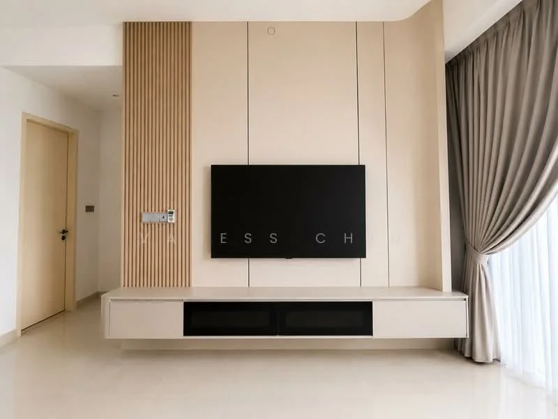Living features: light-colored wall paneling, built-in TV console, black wall-mounted TV, two black drawers in console, cream-colored flooring, floor-to-ceiling windows, sheer curtains, drapery in grey, minimalist design, recessed lighting; style: modern.