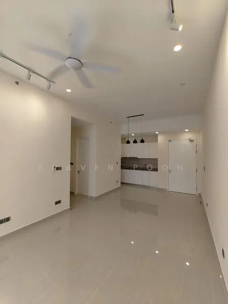 Living features: white painted walls, polished ceramic tile flooring, recessed downlights, 5-blade ceiling fan, open kitchen area, pendant lighting over kitchen counter, door leading to hallway, large windows for natural light; style: modern.