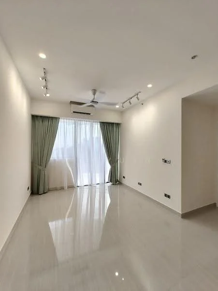 Living features: white painted walls, glossy tile flooring, recessed downlights, 5-blade ceiling fan, floor-to-ceiling windows, sheer curtains, sliding glass door, air conditioning unit; style: modern.