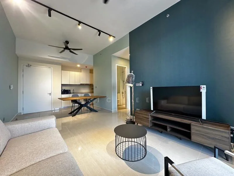 Living features: beige fabric sofa, black coffee table, TV console, wall-mounted TV, recessed downlights, 5-blade ceiling fan, light grey painted walls, white tiled flooring, open layout to kitchen, dining table, black accent wall; style: modern. Kitchen features: kitchen cabinets, countertop, stainless-steel appliances, open layout to living area; style: modern.