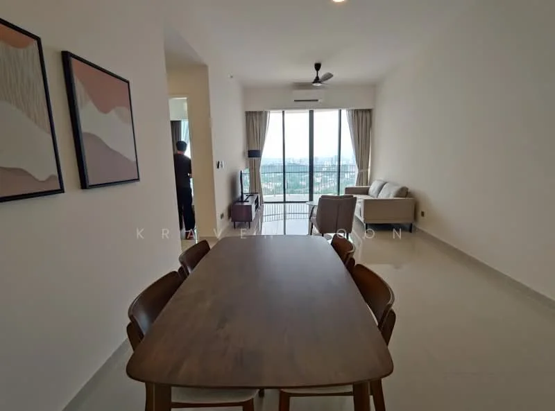 Dining features: wooden dining table, 4 wooden dining chairs, white painted walls, large floor-to-ceiling windows, sliding glass door, view of city skyline, recessed ceiling lights, light-colored floor tiles, decorative wall art; style: modern; view: city. Living features: beige fabric sofa, coffee table, TV console, wall-mounted TV, curtains, light-colored floor tiles, recessed ceiling lights; style: modern; view: city.